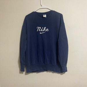 Nike Crewneck Sweatshirt Mens Small Navy Blue Script Logo Embroidered Pullover